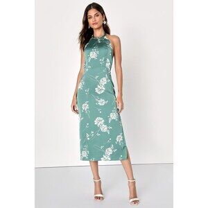 Lulus Stunning Chic Green Floral Print Halter Midi Dress - Size S